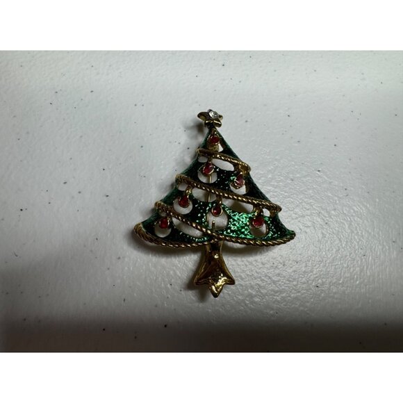 Christmas Tree Brooch Pin With Rhinestones and Enamel Finish 1.5 inches Vintage - Picture 1 of 3